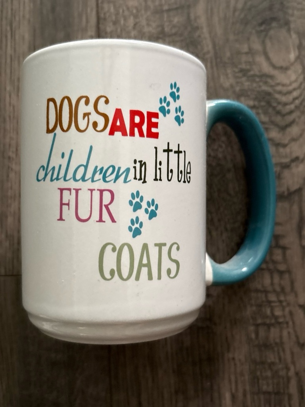 White Ceramic Coffee Mug with Teal Handle - Dogs Are Children Quote